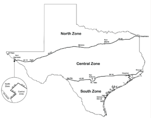 Boundaries of Texas South Zone for Dove Hunting, Texas Central Dove Zone, and Texas North Dove Zone